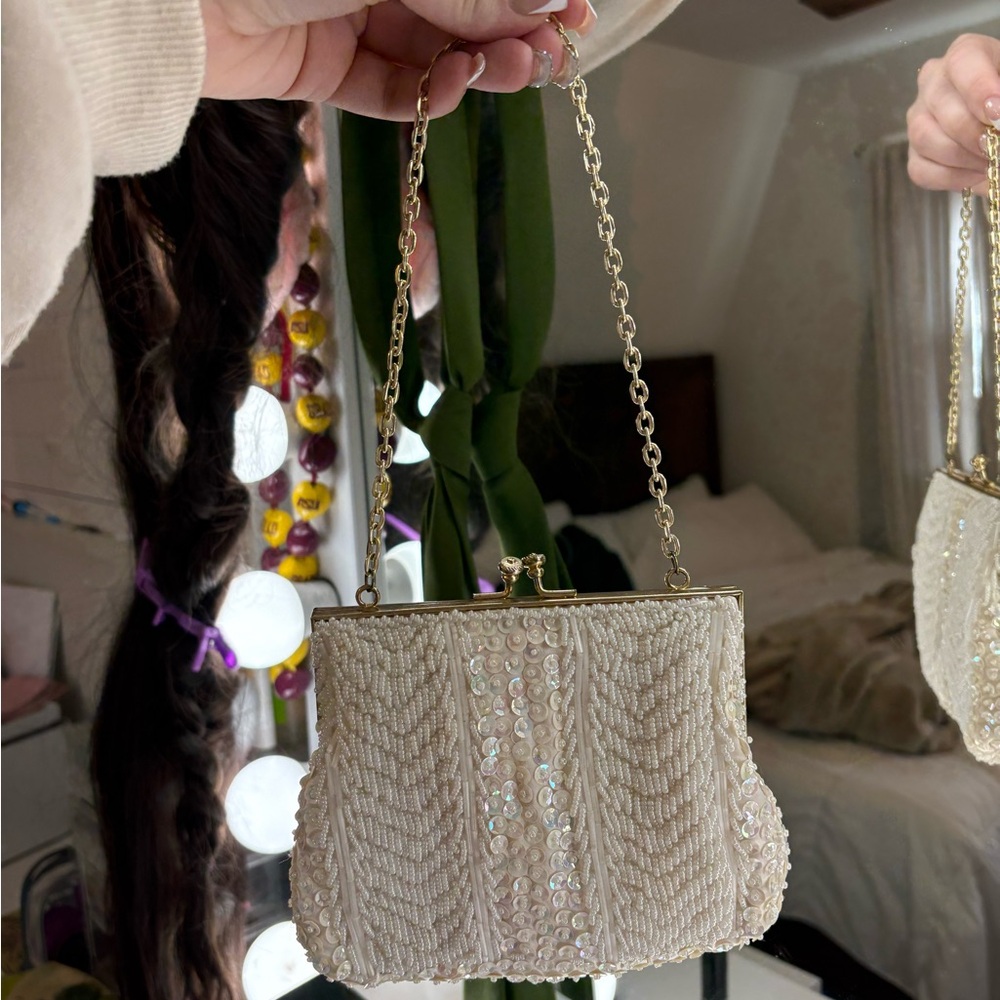 Chic Ivory Beaded Clutch with Gold Chain